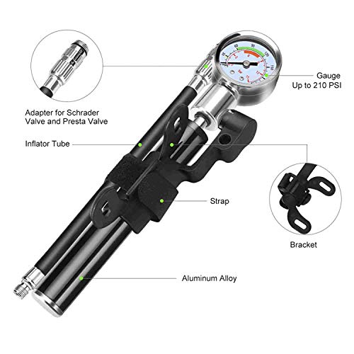 Pro Bike Tool Mini Bike Pump - Fits Presta and Schrader - 210PSI 15BAR High Pressure Hand Air Pump with Gauge and Glueless Puncture Repair Kit - Bicycle Tire Pump for Road, Mountain and BMX Bikes - Thumbnail 2