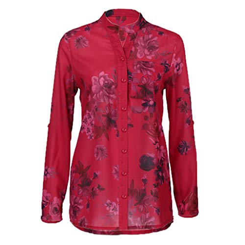 ANJUNIE Women Flower Printing Blouse with Pocket,Long Sleeves Notch Neck Tunic Top Shirt(Red,L)
