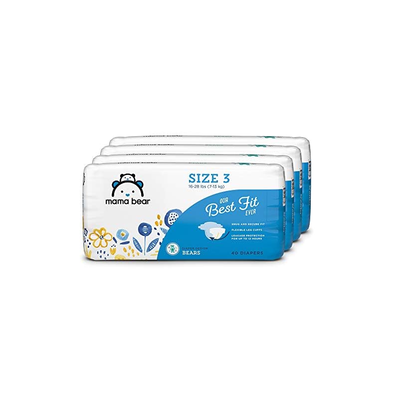 Amazon Brand – Mama Bear Best Fit Diapers Size 3, 160 Count, Bears Print (4 packs of 40) [Packaging May Vary]