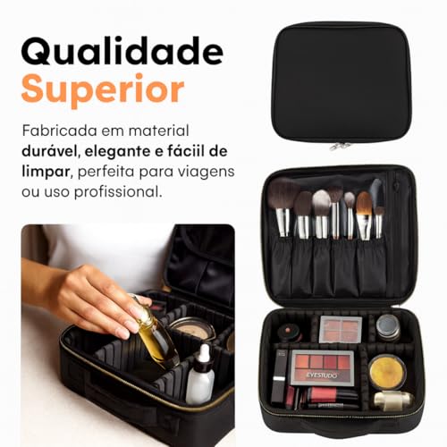 Maleta Necessaire Profissional para Maquiagem 25 x 23 x 10 cm Preta, com Divisórias Ajustáveis Porta Pincéis Impermeável Ideal para Viagem