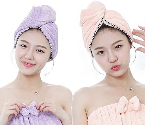2 Pack Hair Towel Wrap Turban Microfiber Drying Bath Shower Head Towel with Buttons, Quick Magic Dryer, Dry Hair Hat, Wrapped Bath Cap (B008)