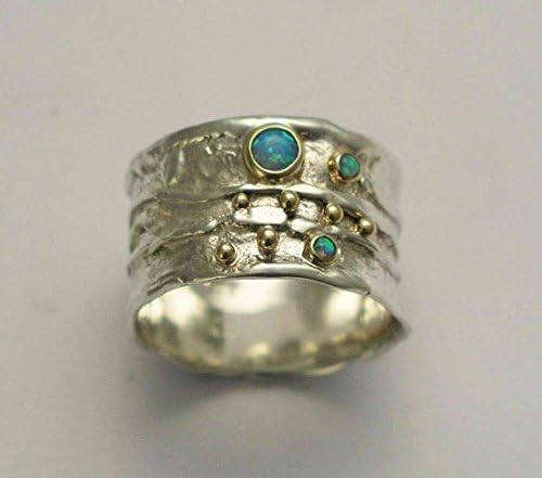 Blue opals two tones organic mothers ring Sterling silver gemstones band - Dreamy R1077X