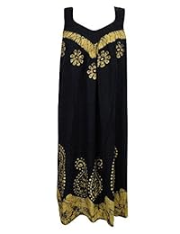 Mogul Womens Sleeveless Batik Neck Embroidered Rayon Dresses