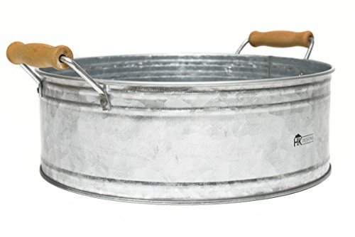 Round Metal Bucket Tray - Galvanized Farmhouse Decor with Wooden Handles for Bathroom Vanity, Centerpiece, Coffee Tables, Kitchen Island, Pantry Storage, Towel display - Rustic style by H & K Designs