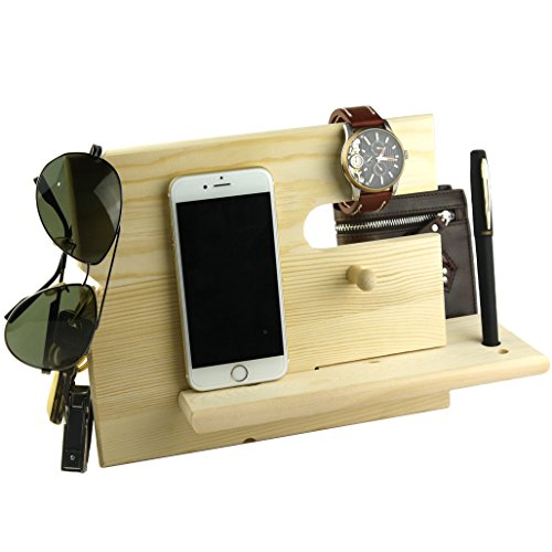 Lemo hand -Wooden Phone Docking Station with Key Holder, Pen Holder, Wallet and Watch Organizer Men s Gift HD12 (Wood color)
