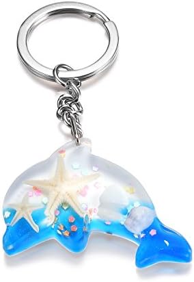 YABI Handmade Dolphin Shape Amber Key Chain With Starfish and Conch , Blue, Car Key, Key Ring