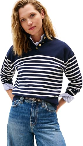 Tommy Hilfiger Women’s Jersey Gold Jumper with Mock Neck, Blue (Placed Thin White STP Sweaters), XXL