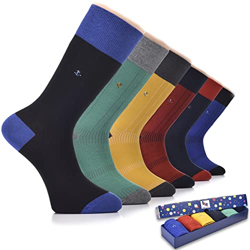 Hugh Ugoli Men Cotton Dress Socks for Business, Trouser | Patterned, Colorful Crew Socks in Gift Box, Shoe Size 7-12, 6 Pairs