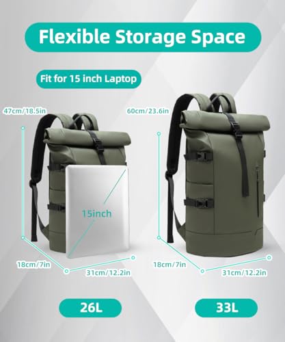 GYakeog Rolltop Backpack Large 33L Waterproof Laptop Backpack Men Women 15 Inch School Backpack Lightweight Bicycle Backpack Anti-Theft Sports Backpack for Travel Cycling University Leisure Green