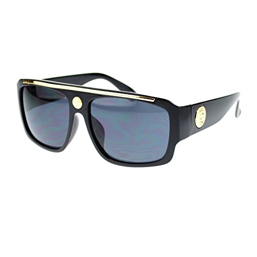 Luxury Mobster Flat Top Thick Plastic Gold Trim Lion Emblem Sunglasses Black
