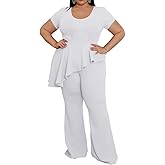 MRSFITOK Plus Size 2 Piece Sets for Curvy Women Short Sleeve Pleated Top Wide Leg Pants Sets Pockets Business Pantsuits