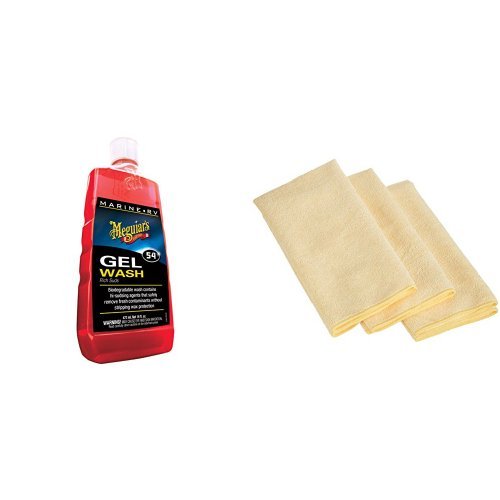Meguiar's M5416 Marine/RV Gel Wash - 16 oz. with 3 Amazon Basics Thick Microfiber Cleaning Cloths