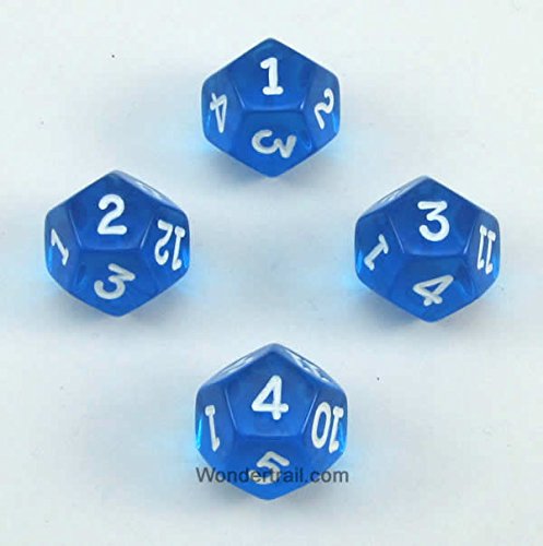 WKP02758E4 Blue Transparent Dice with White Numbers D12 16mm (5/8in) Pack of 4 Dice Koplow Games