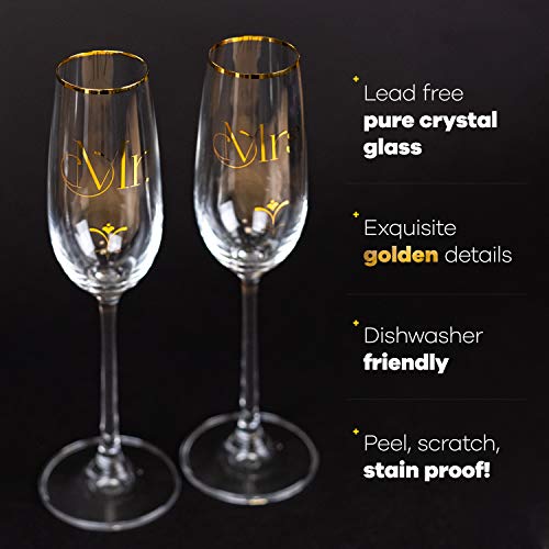 Luxury Crystal Wedding Champagne Glasses for Toasting | Gold Mr. Mrs. Toast Flutes Set for Bride and Groom | Elegant Champaign Gift for His and Hers Engagement Party, Bridal Shower, Couple Anniversary - Thumbnail 4