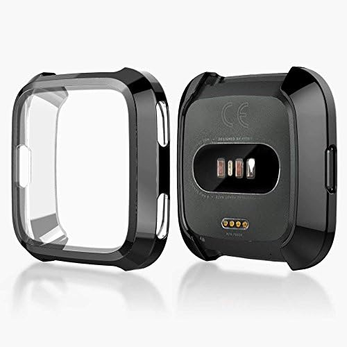 Fitbit Versa Case,Soft Flexible TPU Lightweight Cover [All-around] Protective Protector Bumper Cover (Can Charge with Case On) for Fitbit Versa Smart Fitness Watch(with Screen Protector) (Black)