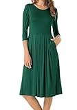 Levaca Women's 3/4 Sleeve Pockets Pleated Loose Swing Casual Midi Dress Green XL