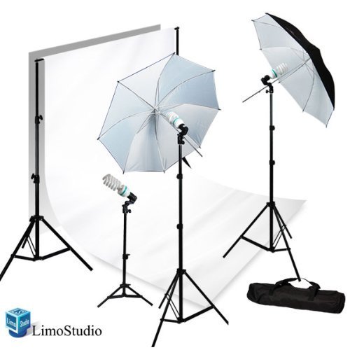 LimoStudio Photography Photo Video Studio 40" Umbrella Light Lighting Kit with 10x10 ft. White Muslin Backdrop Background Support System, AGG1727