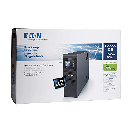 Eaton 5S1000LCD UPS Battery Backup & Surge Protector, 1000VA / 600W, AVR, LCD Display, Line