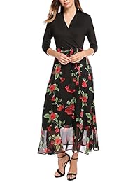 ANGVNS Vestido largo casual de gasa con estampado floral y mangas 3 4 con cinturón