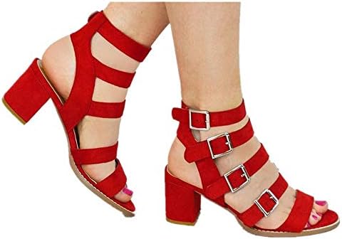 Women's Chunky Heels Sandal Summer Gladiator Open Toe Casual Four Adjustable Buckle Strap Shoes