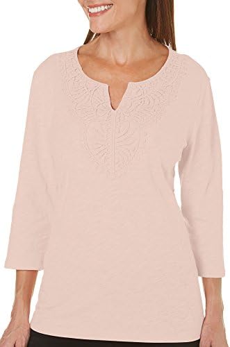 Coral Bay Petite Crochet Neckline Solid Top Small Petite Seashell Pink