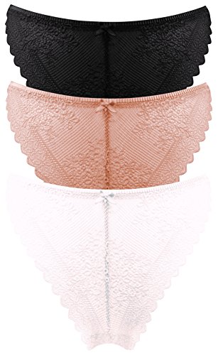 Sexy Basics Women's 3 Pack Hi-Leg Brazilan Thong Lace Panties Active Underwear (3 Pack- Black/Nude/Ivory White, Large) - Thumbnail 3