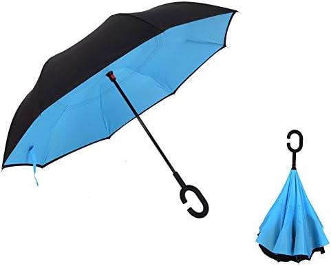 Xiujanet Double Layer Inverted Umbrella(Creative Gift) Windproof UV Protection Large Straight Umbrella With C-Shaped Handle and Carrying Bag (pure blue)