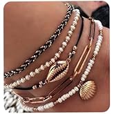 Anglacesmade Bohemia Shell Charm Pendant Anklet Set 5Pcs Black Leather Chain Braided String Pearl Beaded Ankle Bracelet Boho Beach Jewelry for Women