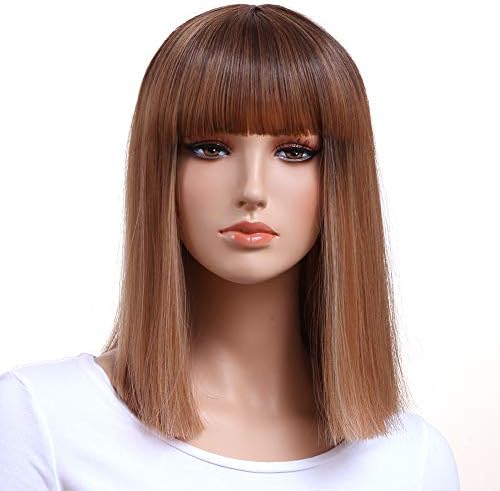 GOTTA Synthetic bob Wigs for Women Short 14'' Straight Ash Blonde Full Ladies Wig with Bang Ombre High Density Medium Shoulder Length Hair Replacement Wig for Woman Good Guarantee(T6/24))