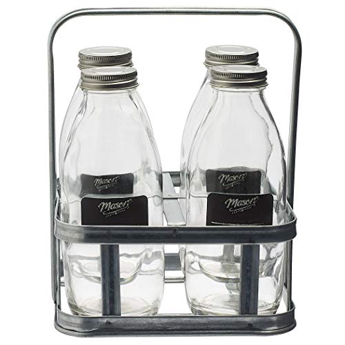 Mason Craft & More Drinkware Collection- Durable Glass Leak Proof Beverage Glassware, 5 Piece Milk Bottle Set with Caddy - Thumbnail 4