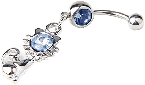 316L Surgical Steel 14G Blue Crystal Cute Sitting Cat Dangle Navel Ring Bar Belly Button Ring