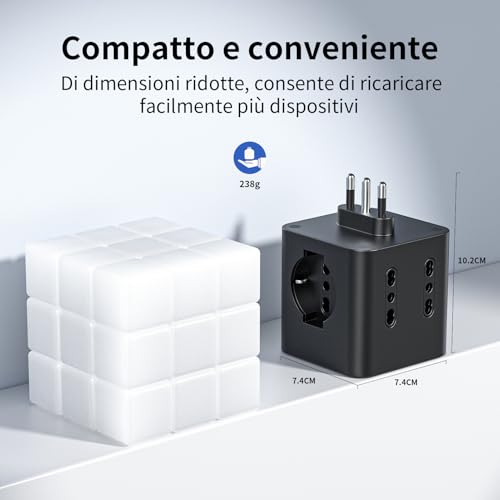 Power Strip with 4 Universal Sockets 10/16A ITA and Schuko, Power Strip with 2 USB A+2 USB C, Multiple Plug Flat Space-Saving with Switches for Home, Office, Black