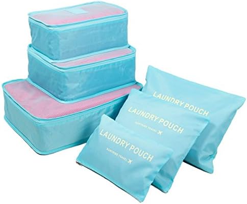 6 pack of Travel Storage Bag, Travel Luggage Suitcase Organizer, Waterproof Clothes Packing Cubes, Travel Mesh Pouch Clothing Sorting Package Travel Accessories - Toiletry,Shoe and Laundry Bag (Bule)