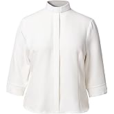 Womens Clergy Shirt Tab Collar 3/4 Sleeve Round Tailed Button Down Blouse