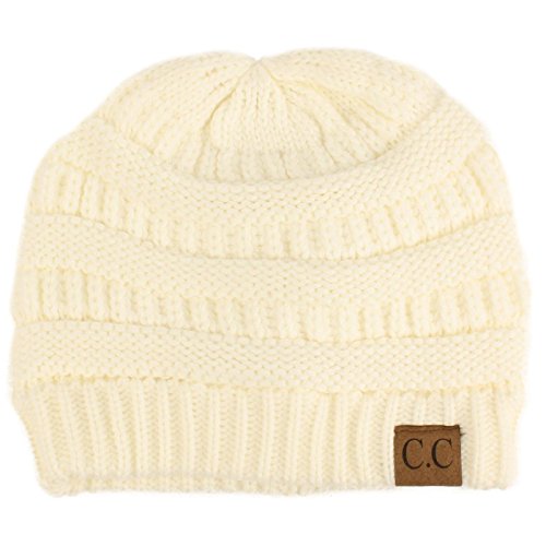 Unisex Winter Chunky Soft Stretch Cable Knit Slouch Beanie Skully Hat Cap Ivory