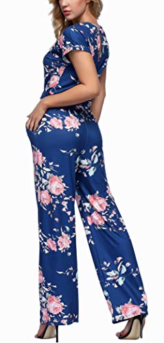 RichCoco Women's Floral Printed Jumpsuit Casual O Neck Loose Long Wide Legs Pants Jumpsuit Rompers with Pockets (Blue, M)
