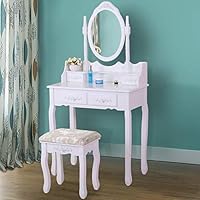 JAXSUNNY Vanity Table Set 4 Drawers with Mirror Dressing Table with Cushioned Stool Ancient Style for Women&Girls,White