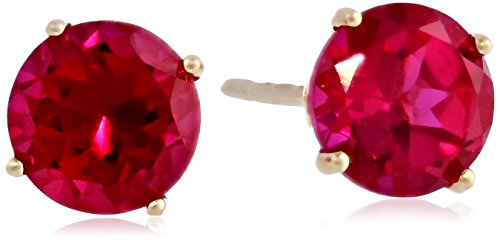 14K Yellow Gold Created Ruby Round Stud Earrings