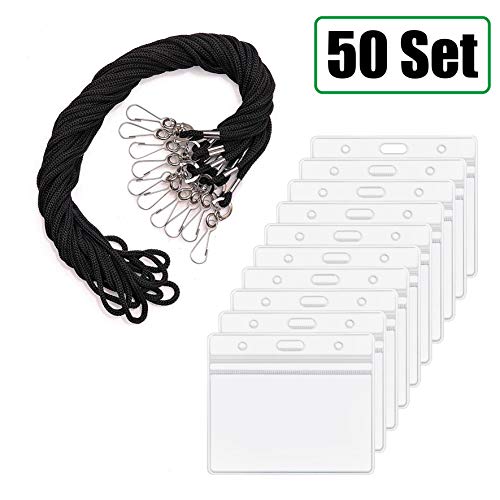 EcoEarth Lanyard with Horizontal ID Badge Holder (Black, 2.25x3.5, 50 Pack), Resealable Clear Tag and Lanyards, Lanyard ID Card Holder Bulk, Name Badge Lanyard Set, Plastic Badge Holder with Zipper