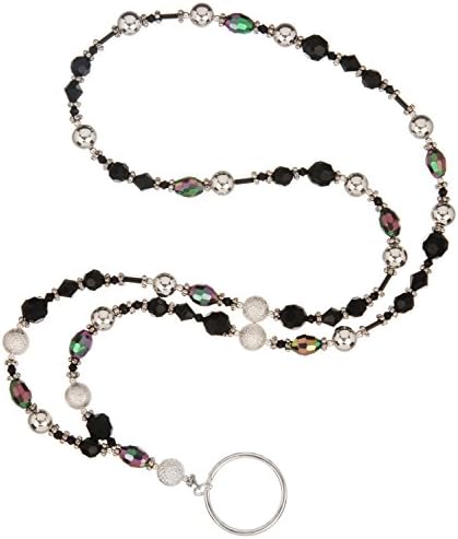 Beaded Lanyard Elegant Black Iridescent Faceted Glass Bead Silver Frosted Beads