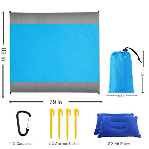 UPSTONE Sand Free Beach Blanket Mat - 82''×79'' 【Include 2 pcs Inflatable Pillow】Waterproof Travel Hiking Camping Picnic Mat Outdoor Large Beach Blanket Sand Proof with Drawstring Carrying Bag - Blue