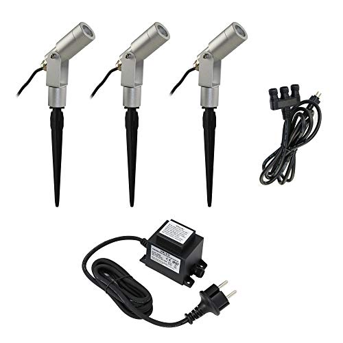 GARTUS® 3er Komplettset 3X 3W LED Strahler Aluminium "Flavius" Silber 3000K 12V AC/DC mit Erdspieß | Außenlampe zur Beleuchtung von Garten, Terrasse, Pflanzen, Wegen, Teich