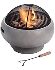 Peaktop HR30180AA Concrete Round Charcoal and Wood Burning Fire Pit Bonfire for Outdoor Patio Garden Backyard Decking with Spark Screen