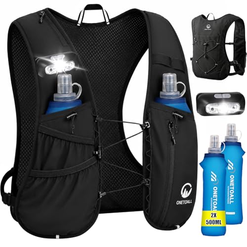 ONETOALL Running Vest for Men and Women with Two 500 ml Water Bottles, Adjustable Running Vest with Running Light for Better Visibility, Breathable Running Backpack, Hydration Backpack for Running