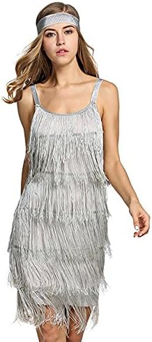 Palove Women Tassels Straps Dress Fashion Glam Party Dress Gatsby Fringe Flapper Costume Dress with Headband S-XL