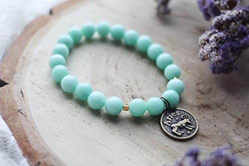 Aries Zodiac Charm Bracelet, Amazonite Bracelet, Stretch Gemstone Bracelet, Healing Bracelet, Birthstone Jewelry, Birthday Gift, Aries Charm