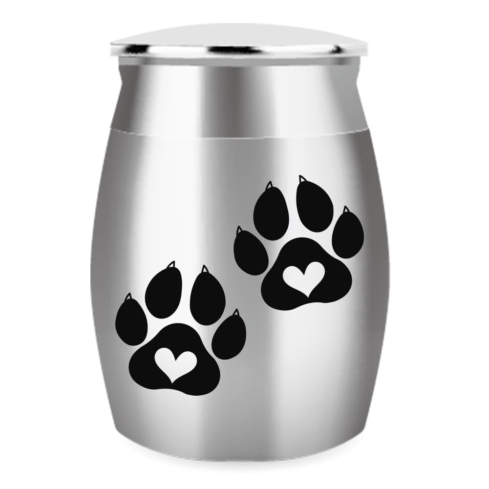arricraft 1 Pcs Mini Pet Stainless Steel Cremation Urn, Dog Paw Prints Memorial Urns With Velvet Pouches for Pet Ashes Holder Small Keepsake Urn Container for Dog Cat Ashes 3x4cm