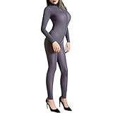 2018 Women Striped Sexy Bodysuit Zipper Long Sleeve Open Crotch Lingerie Jumpsuit (Gray, Free)