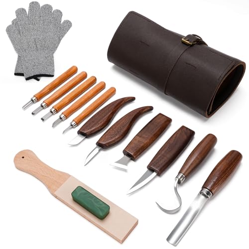 Wood Scissors, 15 in 1 Wood Carving Tools, Wood Tools with 5 Wood Carving Knife, Professional/Junior Wood Scissors Tool DIY Kit with Anti-Cut Gloves