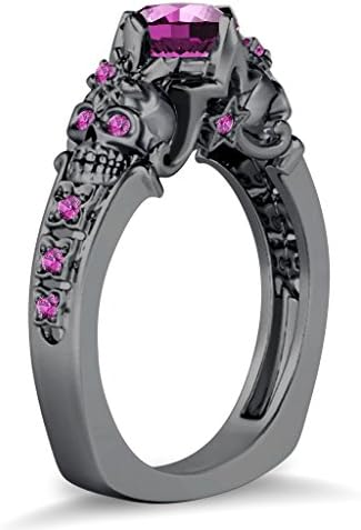 Silvercz Jewels 2 Skull Floral & Star Design Round Pink Sapphire CZ Diamond Black Gold PL Skull Ring